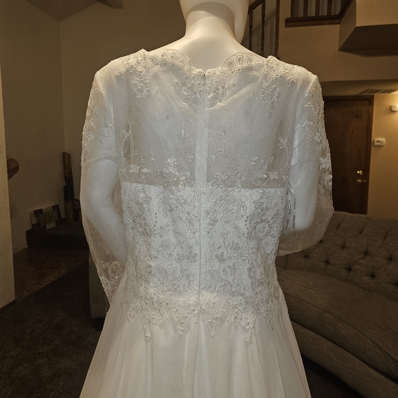 DRESS DeKlaire wedding dress Large long sleeve see-thru k303 off-white - Picture 5 of 10